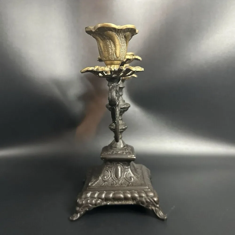 Vintage French Spelter 3 Arm Ornate Candelabra Gilt Brass Holder 8”